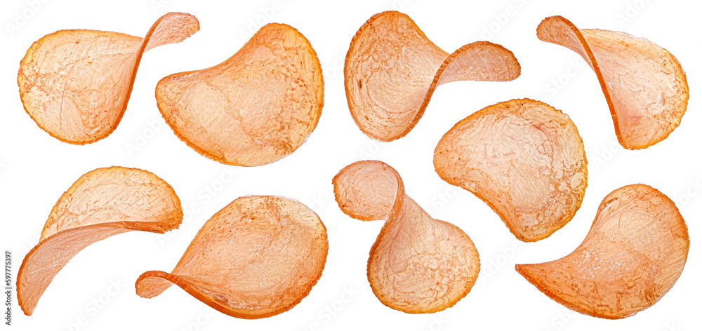 Chicken meat chips isolated on white background, collection