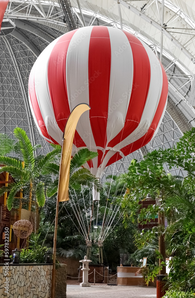 View of hot-air balloon and plants in amusement park