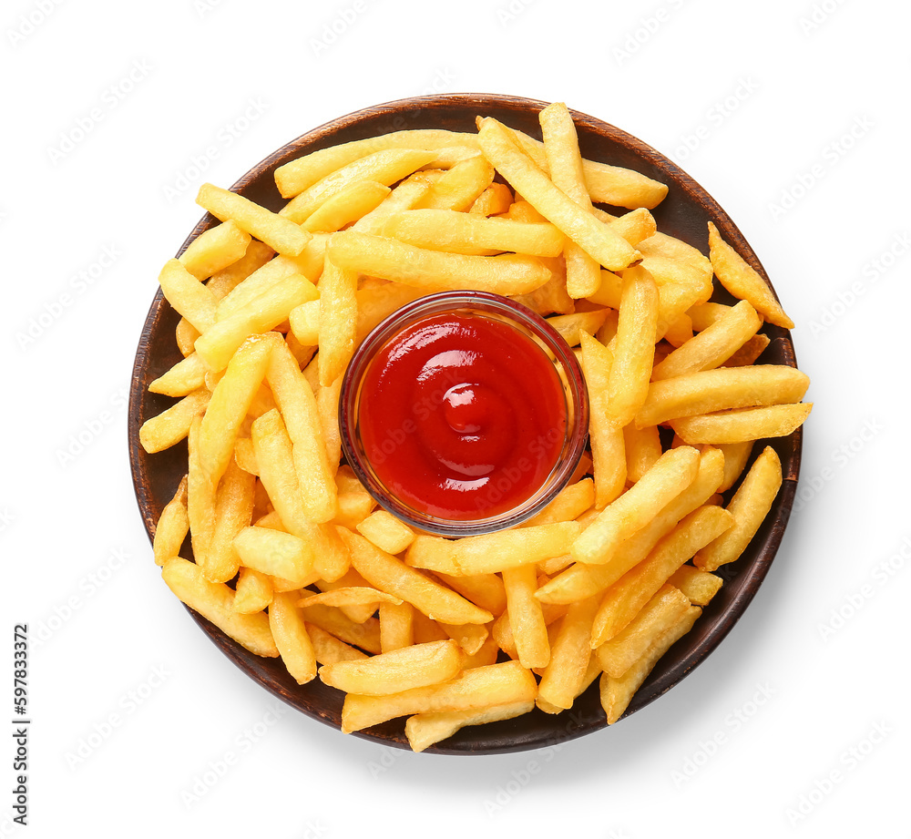 Plate of tasty french fries and ketchup on white background