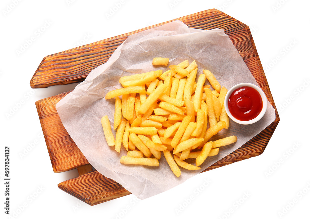 Wooden board with tasty french fries and ketchup isolated on white background