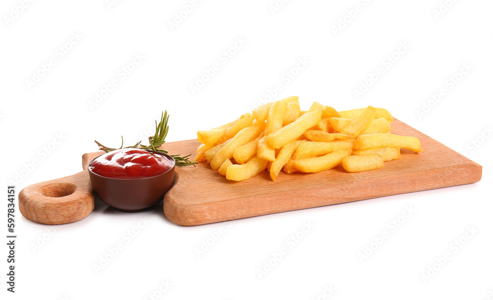 Wooden board with tasty french fries, ketchup and rosemary on white background