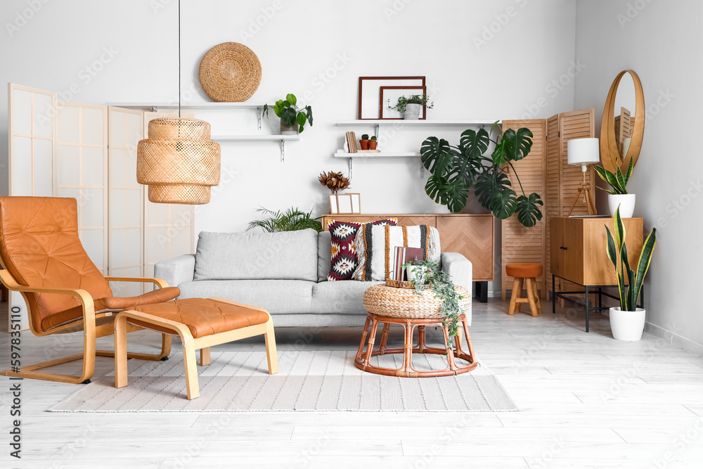 Interior of light living room with sofa, armchair and Monstera houseplant