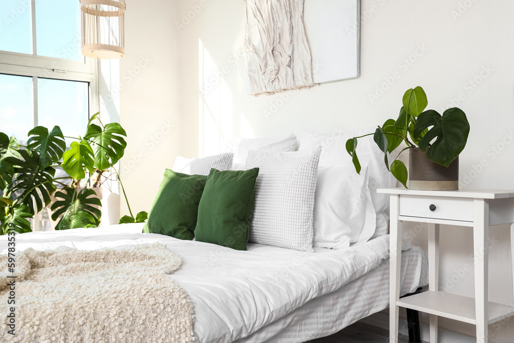 Interior of light bedroom with Monstera houseplant and bed