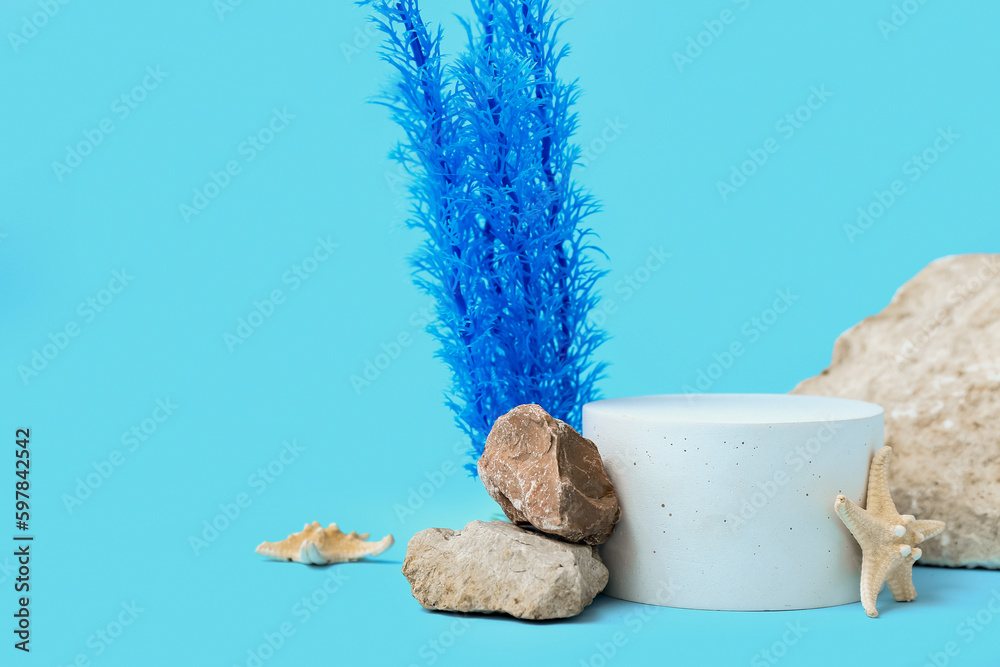 Decorative plaster podium, starfish, stones and seaweed on blue background