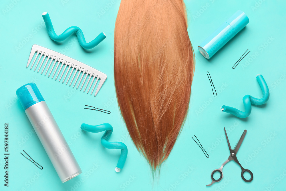 Ginger hair with accessories on blue background