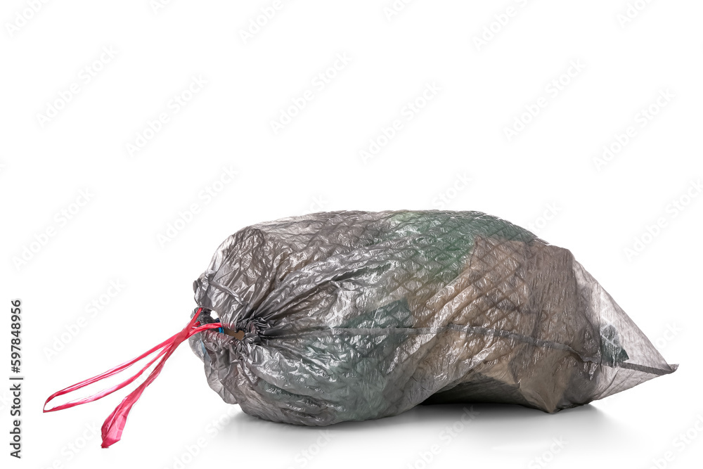 Garbage bag with different trash isolated on white background