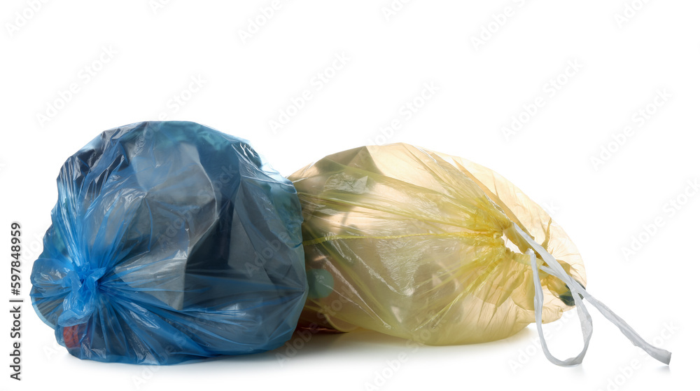 Garbage bags with different trash isolated on white background