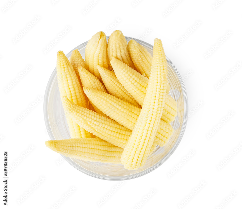 Glass of tasty canned corn cobs on white background