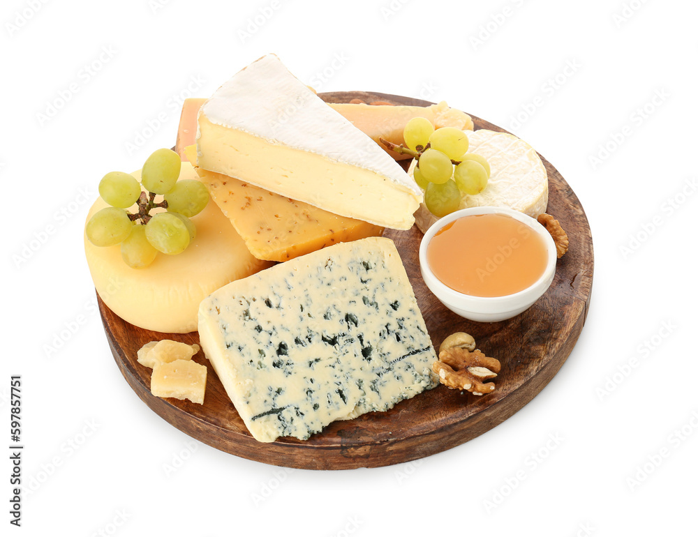 Plate with different types of cheese, grapes and honey isolated on white background