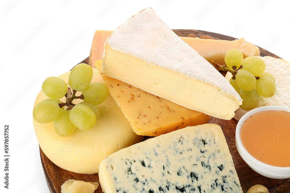 Plate with different types of cheese isolated on white background, closeup