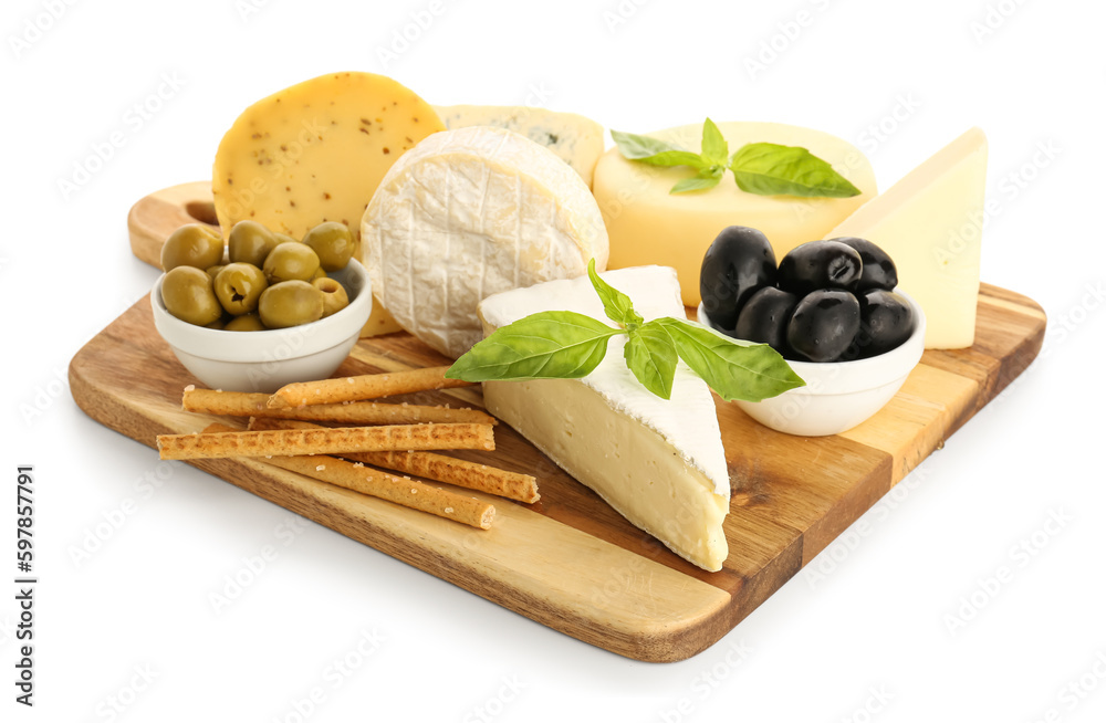 Wooden board with different types of cheese and olives isolated on white background