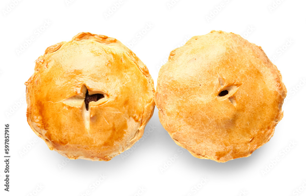 Tasty meat pot pies on white background