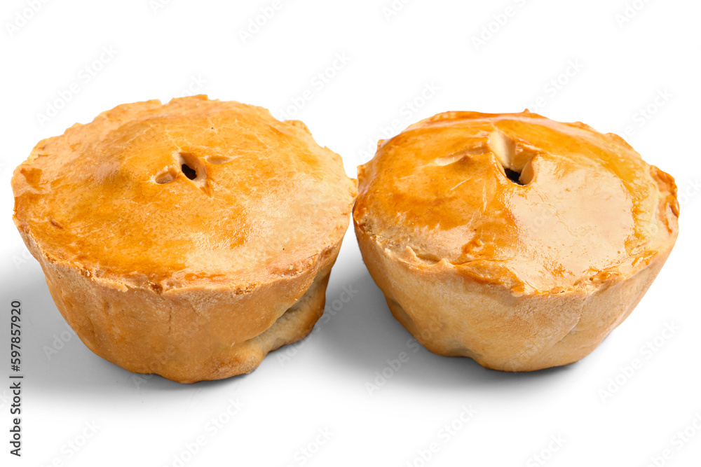 Tasty meat pot pies on white background