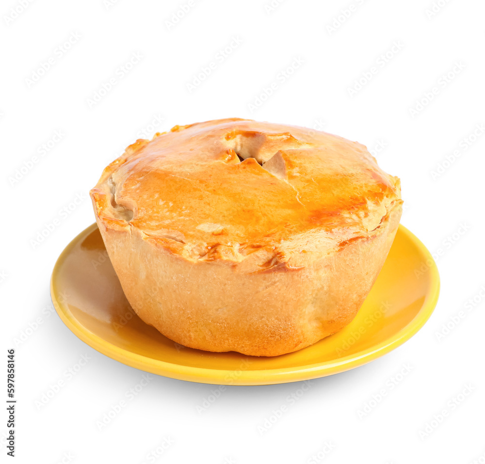 Plate with tasty meat pot pie on white background