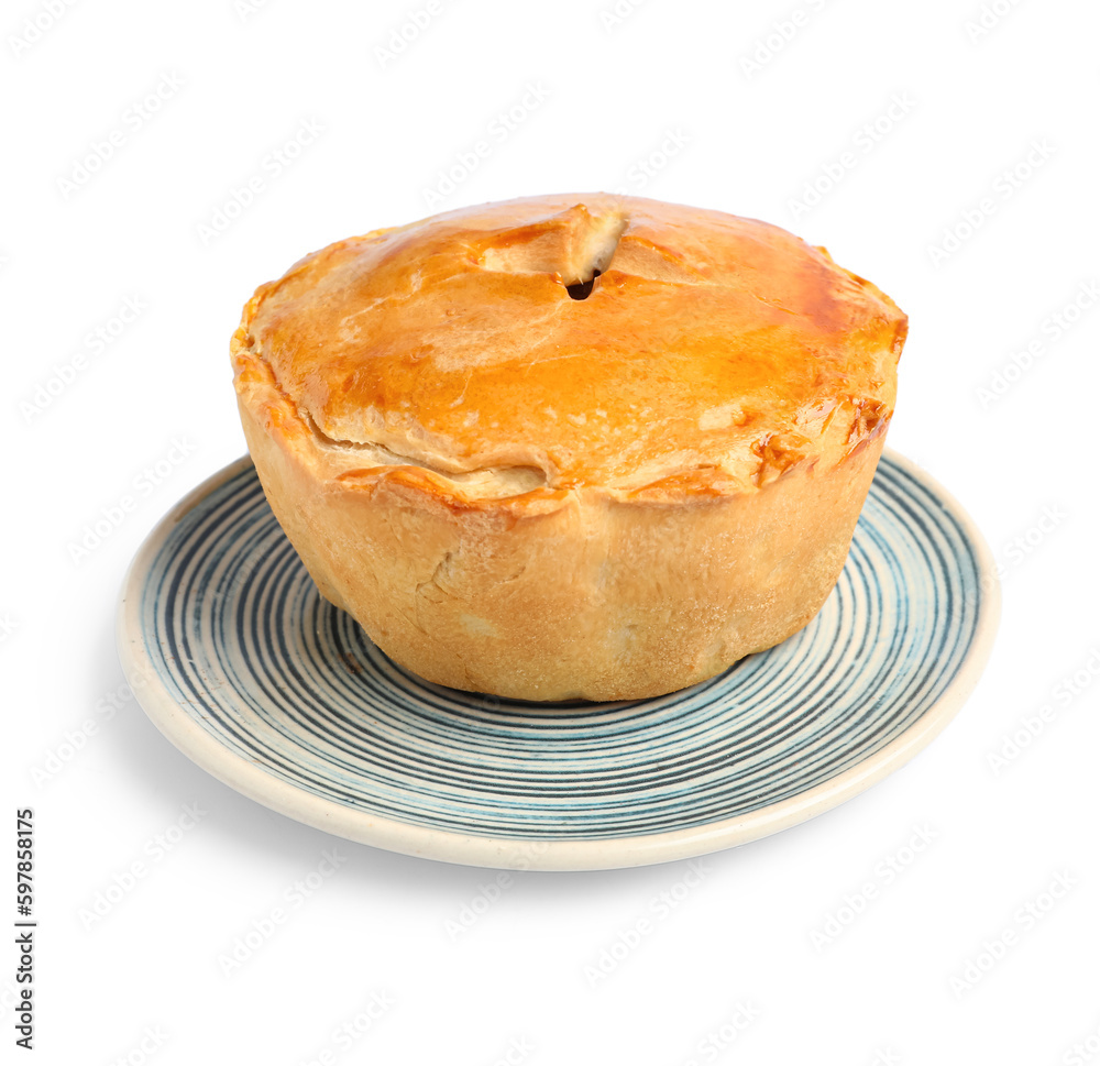 Plate with tasty meat pot pie on white background