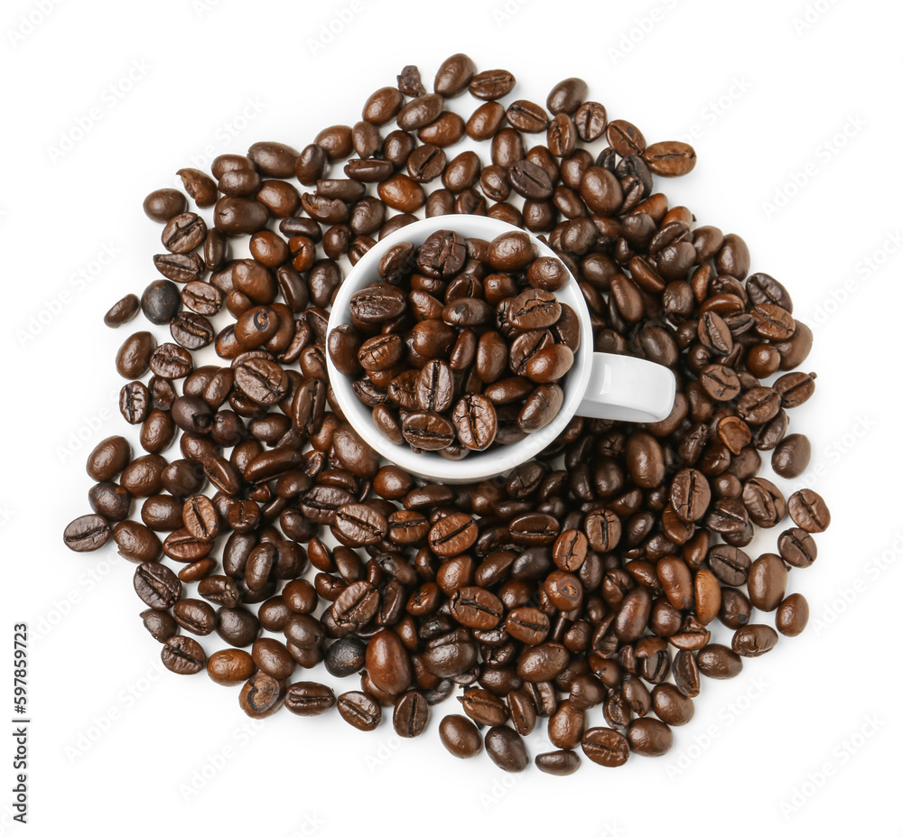 Cup with roasted coffee beans isolated on white background