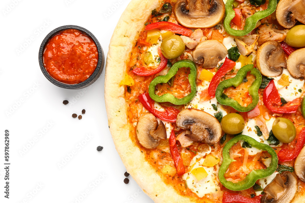 Vegetable pizza with sauce on white background