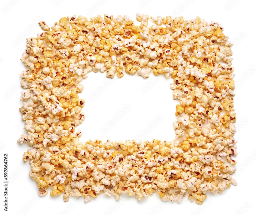 Frame made of crispy popcorn on white background