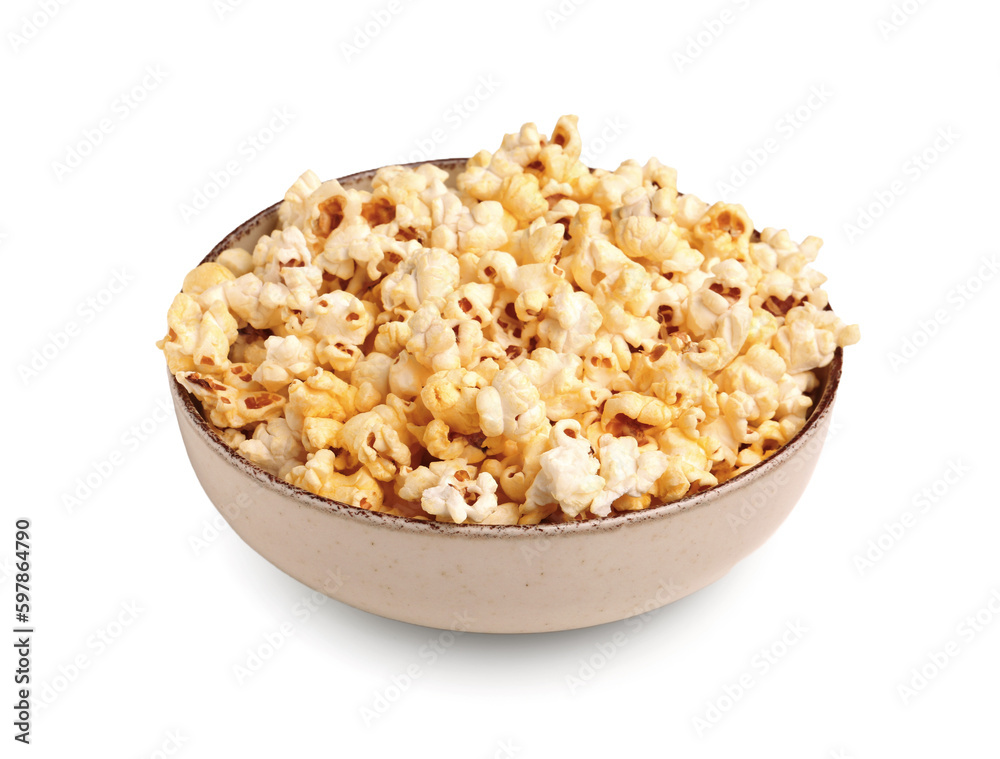 Bowl with crispy popcorn on white background