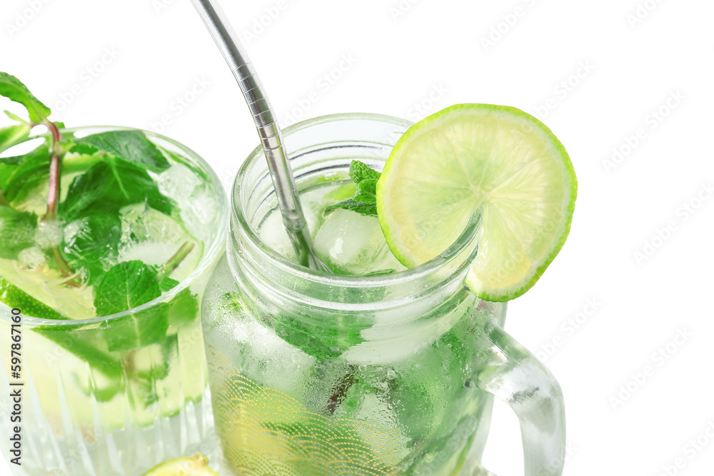 Glass and mason jar of tasty mojito isolated on white background, closeup