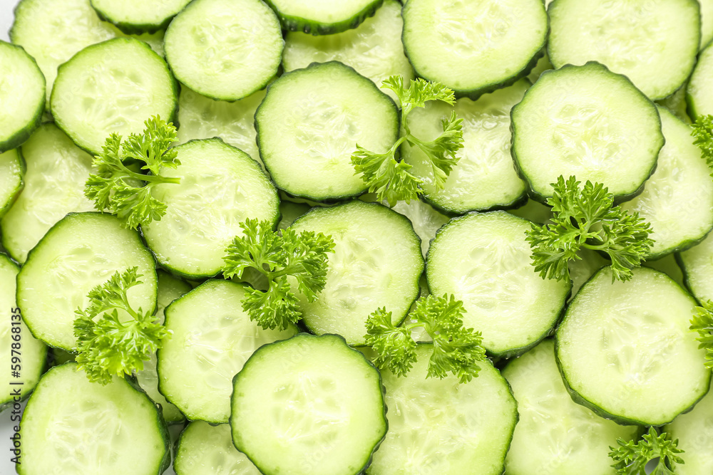 Texture of sliced cucumber with parsley