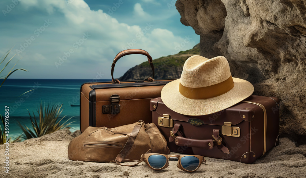 Suitcase with accessories on the sand with a sea background. Travel concept. Generative AI