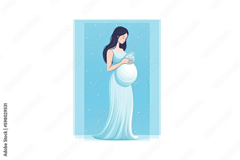 pregnant woman holding a blue exercise ball while wearing a white dress. Generative AI Generative AI