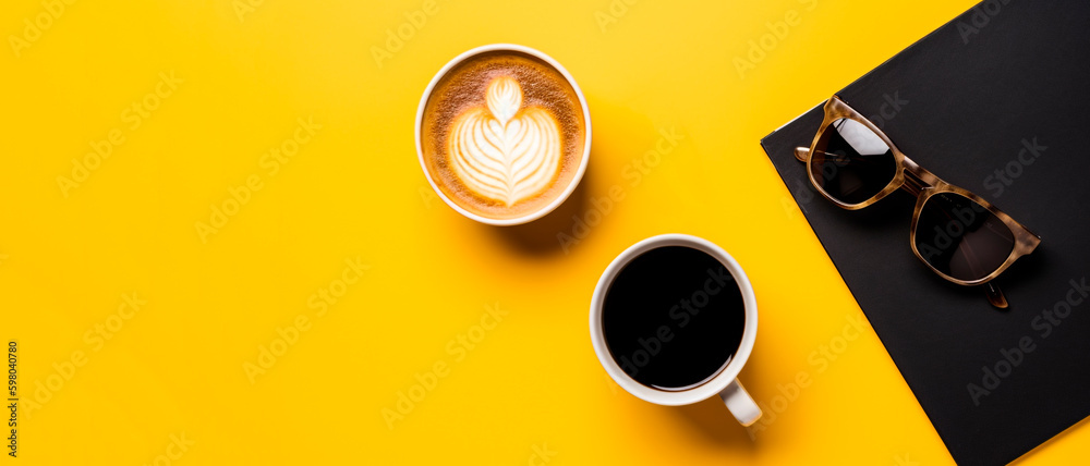 A cappuccino cup, a coffee cup and a sunglasses on yellow background with copy space, flat lay. gene