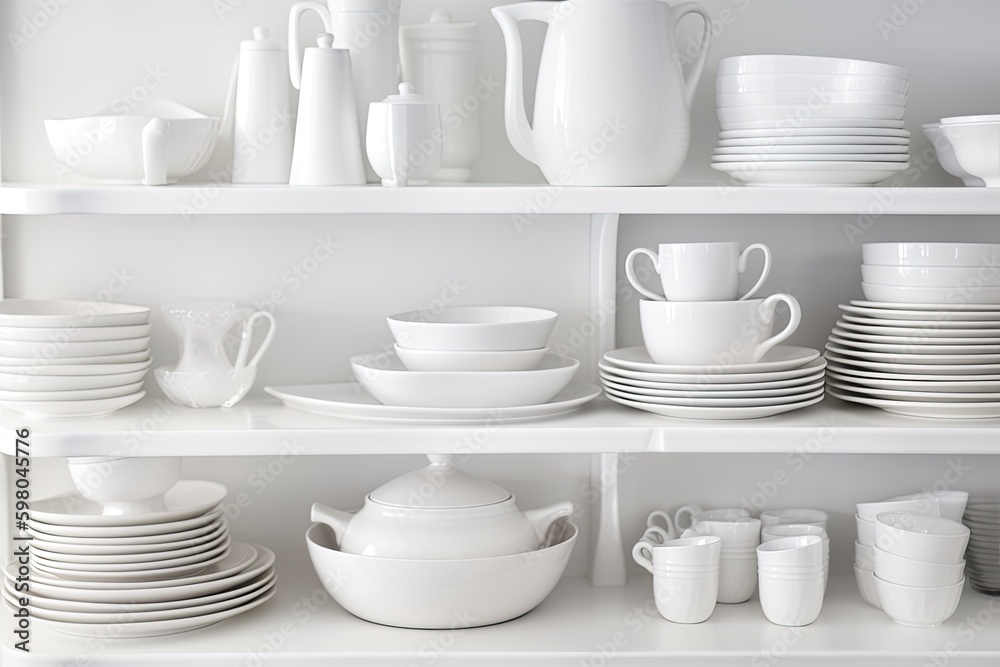 minimalist white dish and cup collection on a shelf. Generative AI Generative AI