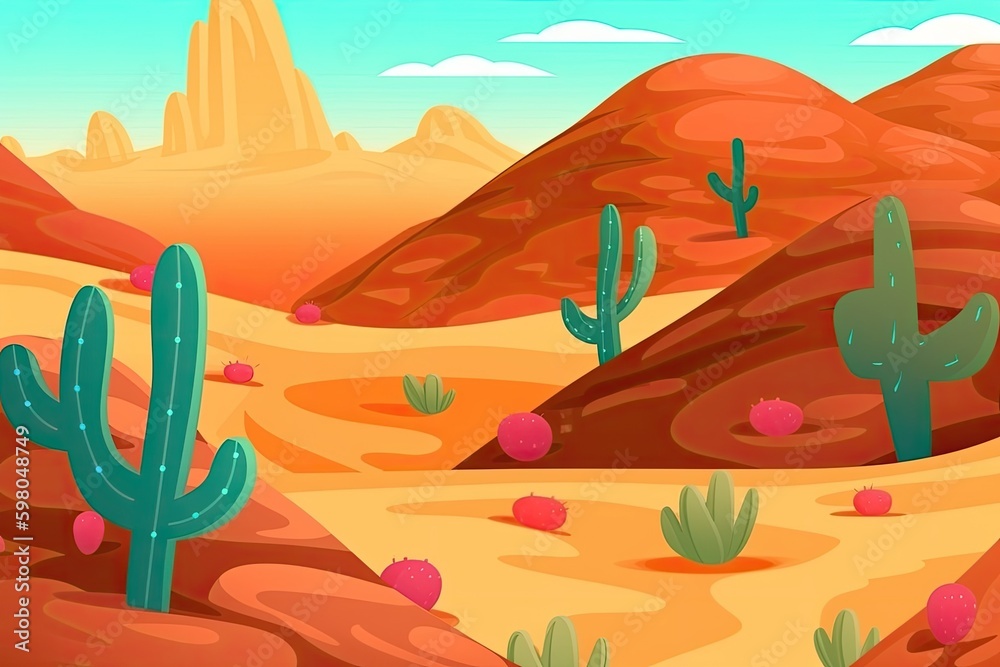 desert landscape with cactus trees and mountains in the background. Generative AI Generative AI