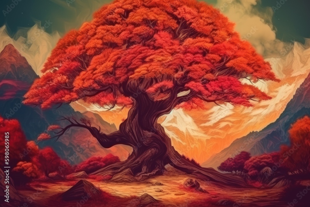 majestic tree standing against a mountainous backdrop. Generative AI Generative AI