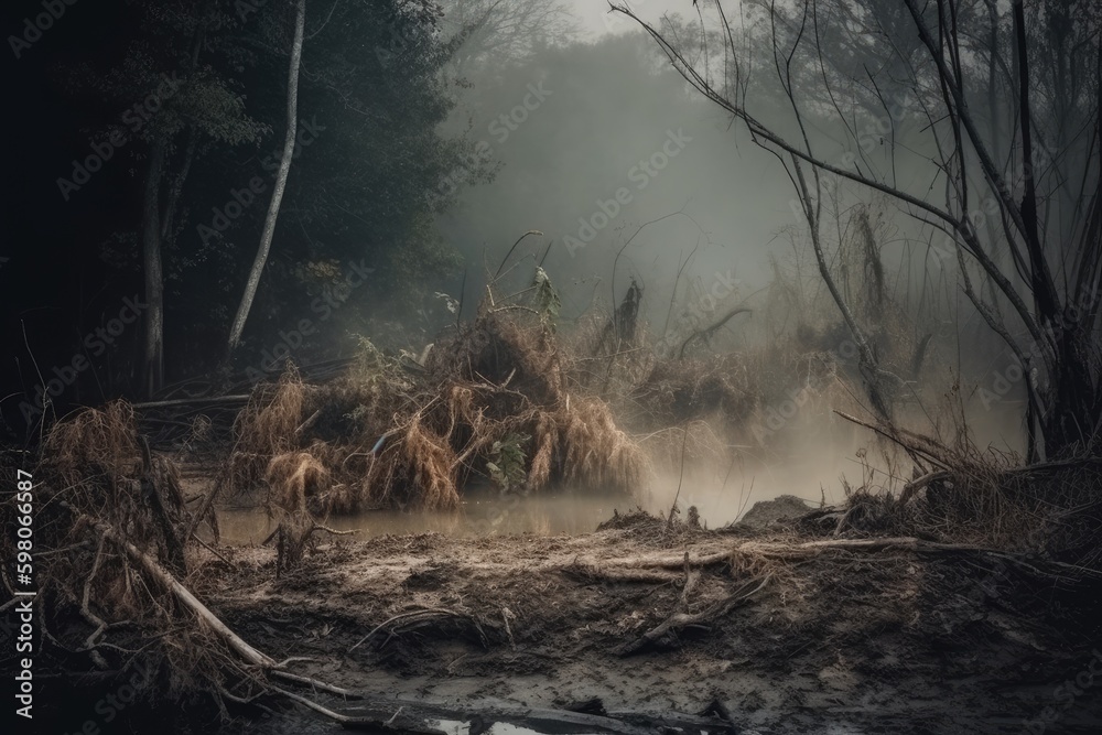 desolate swamp with decaying trees and murky water. Generative AI Generative AI