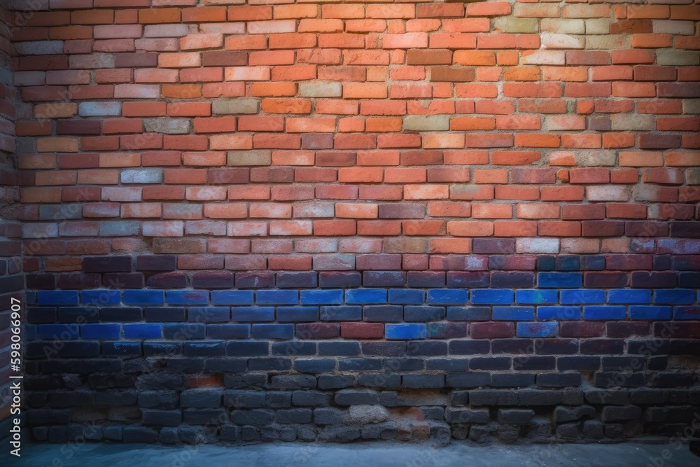 red brick wall with a blue stripe painted on it. Generative AI Generative AI