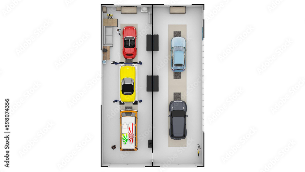 Floorplan car service 3d illustration of floor plan of car service Floor plan of car service. Workin