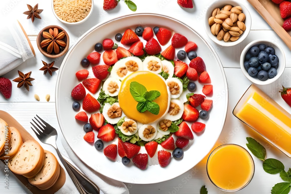 Fresh and healthy breakfast bowl with muesli, strawberry salad, fruits, nuts, and orange juice on wh