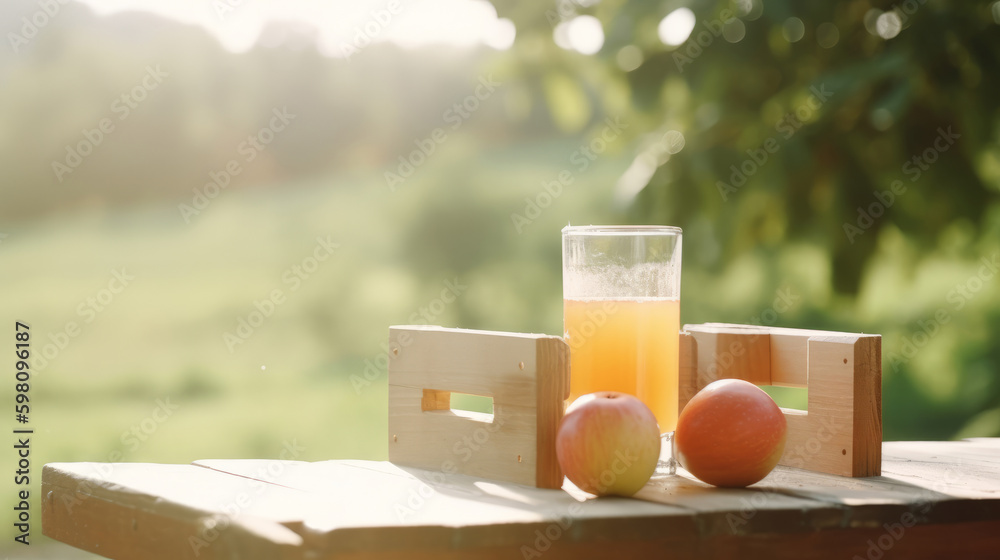 Apple juice in garden. Illustration AI Generative.