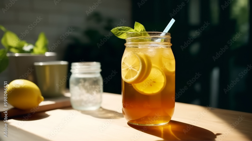 Cold tea with lemon. Illustration AI Generative.