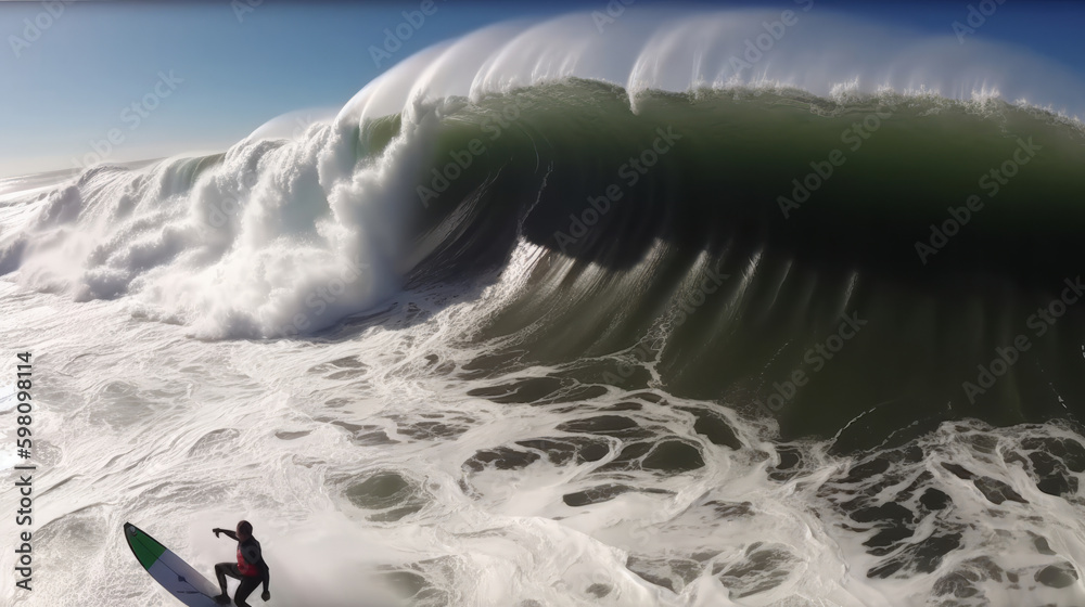 Surfers and big waves. Illustration AI Generative