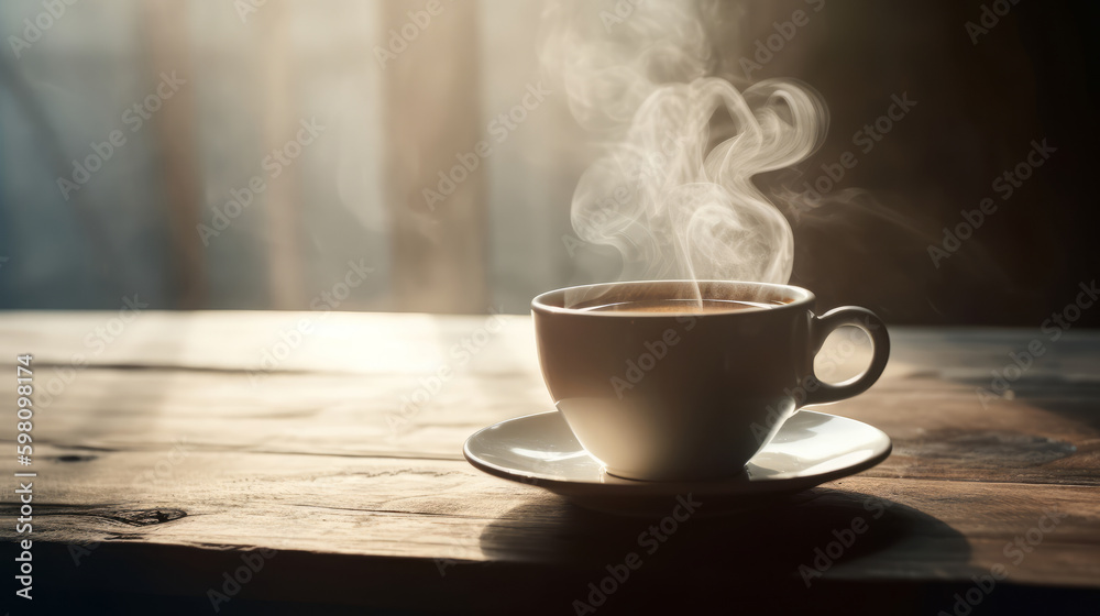 Steaming cup of coffee. Illustration AI Generative