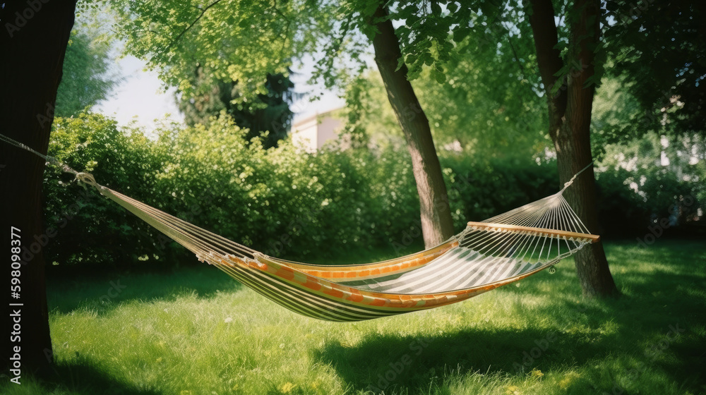 Hammock in garden. Illustration AI Generative.