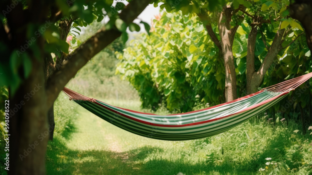 Hammock in garden. Illustration AI Generative.