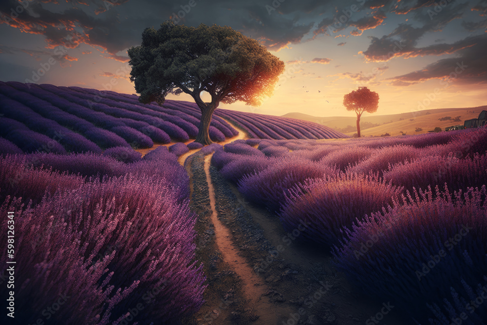 Lavender field background. Illustration AI Generative.