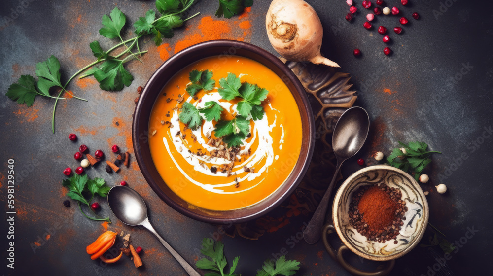 Pumpkin soup. Illustration AI Generative.