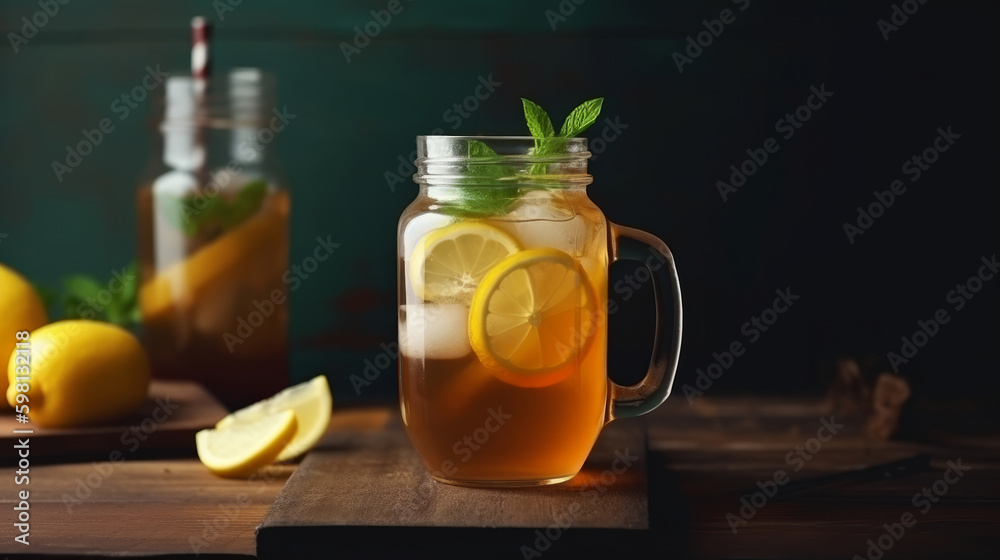 Iced lemon tea. Illustration AI Generative.