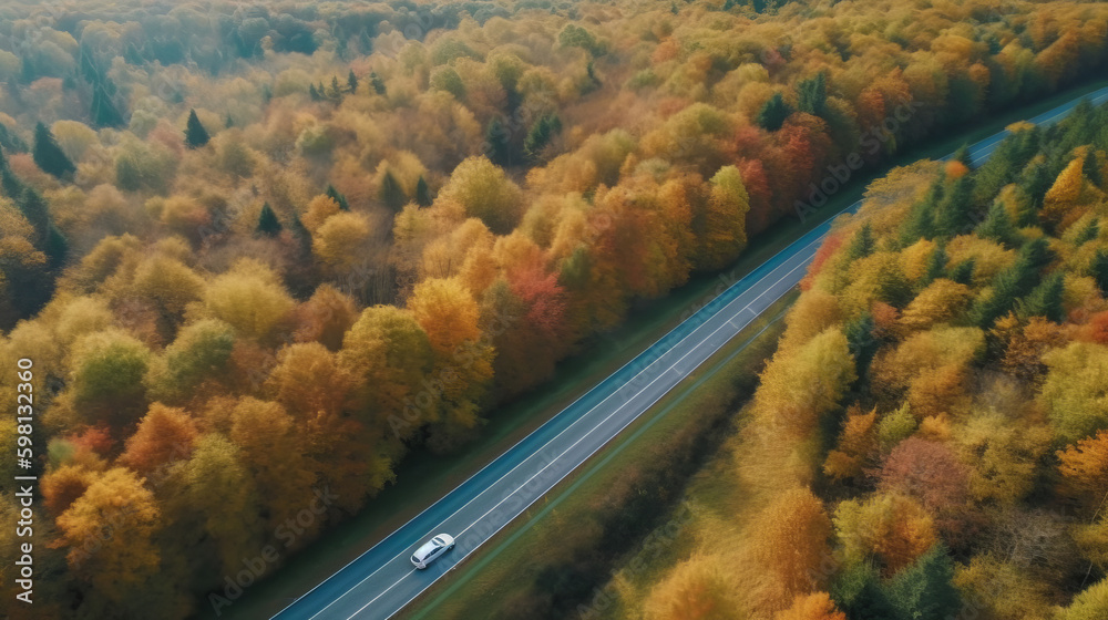 Drone view autumn forest road. Illustration AI Generative.