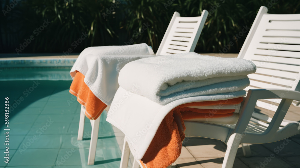 Towels near the pool. Illustration AI Generative.