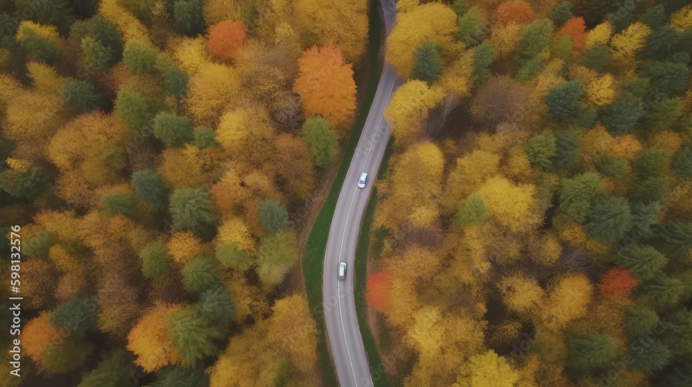 Drone view autumn forest road. Illustration AI Generative.