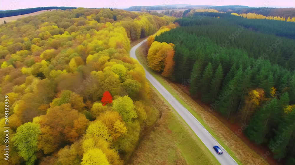 Drone view autumn forest road. Illustration AI Generative.