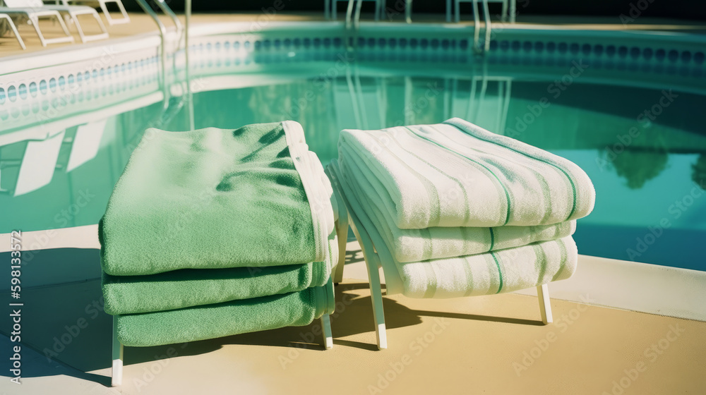 Towels near the pool. Illustration AI Generative.