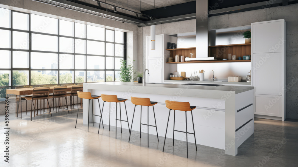 Modern open space loft kitchen. Illustration AI Generative